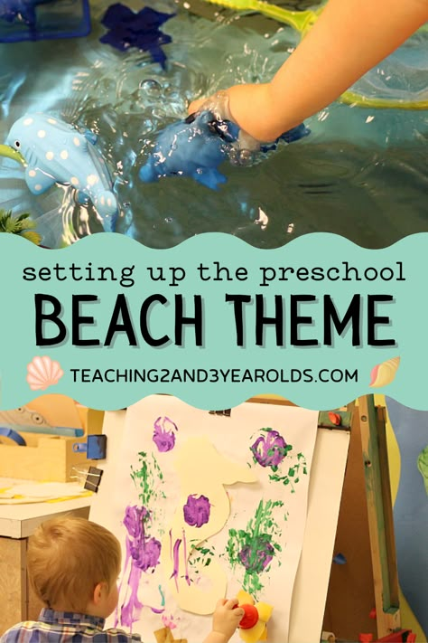 We like to have our beach theme just as we are wrapping up the school year, when the weather is warmer and some children have experienced beach outings with their families. We set up a small world beach area, went pretend fishing, and made some ocean discovery bottles while learning about different ocean animals. #beach #ocean #theme #curriculum #toddler #preschool #classroom #homeschool #teachers #earlychildhood Beach Theme Activities For Preschoolers, Toddler Beach Activities, Preschool Beach Theme, Provocations Kindergarten, Beach Theme Preschool, Ocean Lesson Plans, Farm Lessons, Daycare Themes, Ocean Theme Preschool