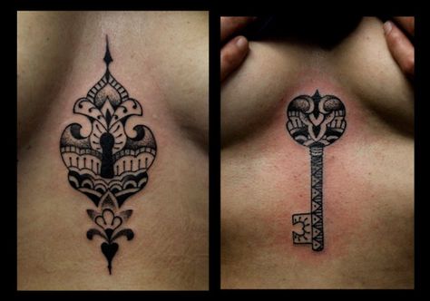 tattoo; key; chest: <3 like the  placement and idea of a key by your heart <3 Full Circle Tattoo, Lock Tattoo, Tattoo Thoughts, Key Tattoos, Key Tattoo, Cool Chest Tattoos, Bow Tattoo, Chest Tattoos For Women, Sternum Tattoo