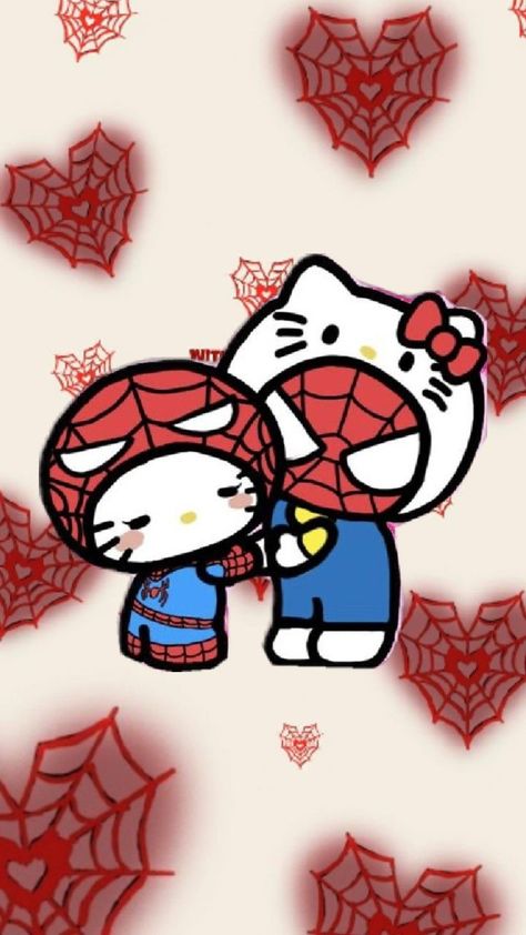 Hello Kitty N Spiderman, Spiderman X Hello Kitty, Hello Kitty And Spiderman, Lockscreen And Homescreen Wallpaper, Diy Gifts For Her, Preppy Pictures, Red Moodboard, Lockscreen And Homescreen, Moody Wallpaper