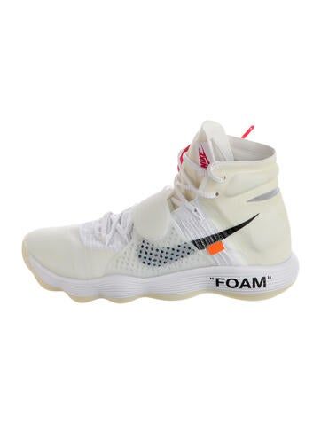 Off-White x Nike React Hyperdunk 2017 Flyknit High Top SneakersFrom the 2017 CollectionWhitePrintedRound-ToesLace-Up Closure at UppersFit: Sneakers by Off-White x Nike typically run small. Off White X Nike, Nike React, High Top, High Tops, Off White, Running, Nike, Sneakers, White