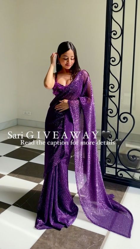 Birthday Saree, Dark Purple Saree, Purple Sari, Cultural Outfits, Farewell Saree, Farewell Sarees, Floral Saree, Purple Saree, Saree Poses