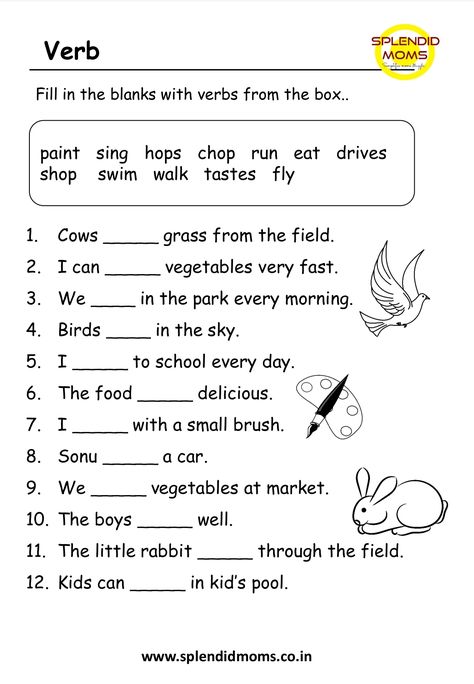 Verb Verbs 3rd Grade, Splendid Mom Worksheet, Noun Verb Worksheets, Verbs Grade 1 Worksheet, Doing Verbs Worksheet For Grade 1, Worksheet On Verbs For Grade 1, Easy Grammar Worksheets, Verb Worksheets 4th Grade, Grade 4 English Worksheets Grammar