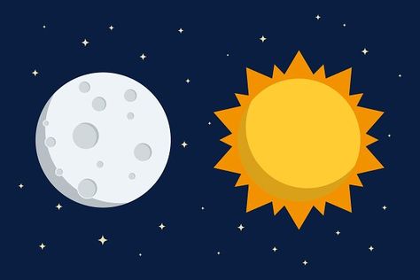 Sun And Moon Cartoon, Sun And Moon Vector, Half Sun Half Moon, Moon Vector Illustration, Outer Space Background, Moon Cartoon, Space Project, Cartoon Sun, Moon Vector