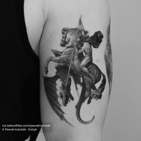 Saint Tattoo, Saint George And The Dragon, P Tattoo, Realistic Tattoo Sleeve, Ancient Tattoo, Greek Mythology Tattoos, Alien Tattoo, Greek Tattoos, Horse Tattoo