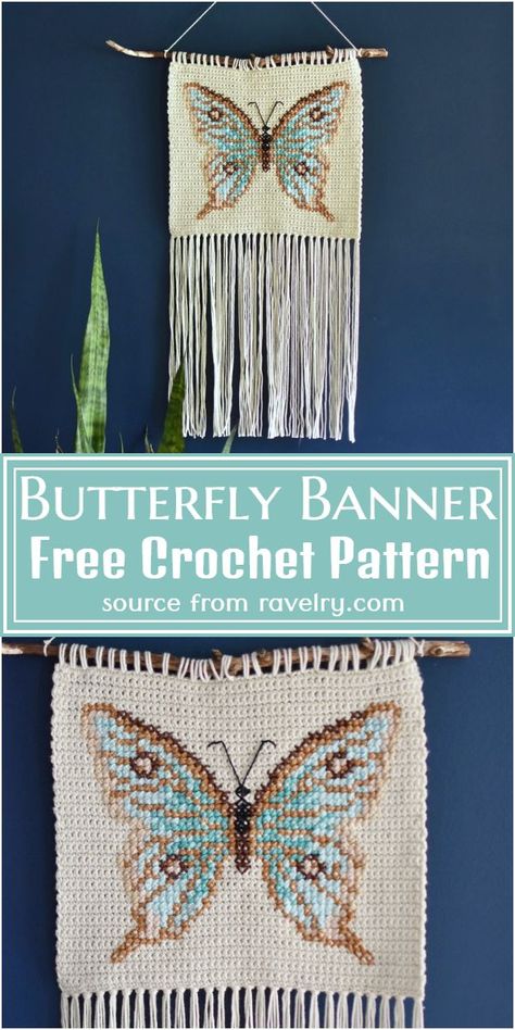 Free Crochet Butterfly Banner Pattern #freecrochetpattern #crochetbutterfly #freecrochetbutterfly #crochetbutterflypattern #freecrochetbutterflypattern Crochet Butterfly Wall Hanging, Crochet Tapestry Pattern Free, Crochet Tapestry Wall Hanging, Crochet Banner, Wedding Crochet Patterns, Crochet Wall Hanging Patterns, Crochet Butterfly Free Pattern, Modern Haken, Intarsia Crochet