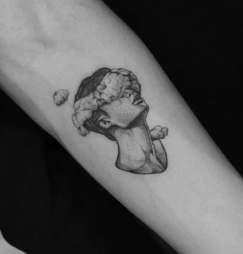 Head In The Clouds Tattoo Men, Head Exploding Tattoo, High Contrast Tattoo Black And White, Emotion Tattoo, Over Thinker Tattoo, Head In The Clouds Tattoo, Artistic Tattoos, Tattoo Ideas For Overthinkers, Overthinking Tattoos