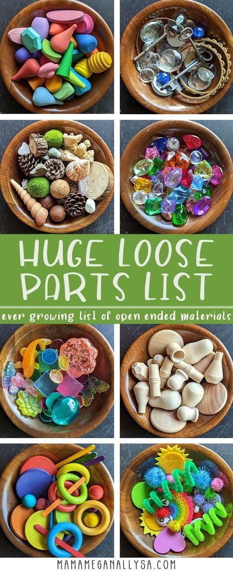 Loose Parts Sensory Bin, Loose Parts Center, Loose Parts Display, Loose Parts Art Preschool, Reggio Inspired Provocations, Loose Parts Activities For Preschool, Eyfs Loose Parts, Loose Parts Activities For Toddlers, Kitchen Loose Parts