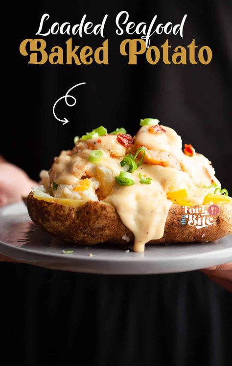 The loaded seafood baked potato dish is a hearty and satisfying meal that brings together the creamy texture of baked potatoes and the flavors of juicy seafood and melted cheese. Seafood Baked Potato, Juicy Seafood, Seafood Dinner Party, Baked Potato With Cheese, Baked Potato Toppings, Baked Potato Recipe, Buttery Potatoes, Lobster Dishes, Stuffed Baked Potatoes