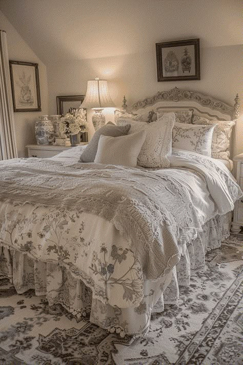 feminine farmhouse bedroom Beautiful Cottage Bedrooms, White Metal Frame Bedroom Ideas, Farmhouse Neutral Bedding, Rustic Master Bedrooms Decor Shabby Chic, Feminine Bedroom Romantic Cozy, Cottage Style Bedrooms Ideas, Romantic Farmhouse Bedroom Ideas, French Country Bedding Sets, Feminine Farmhouse Bedroom