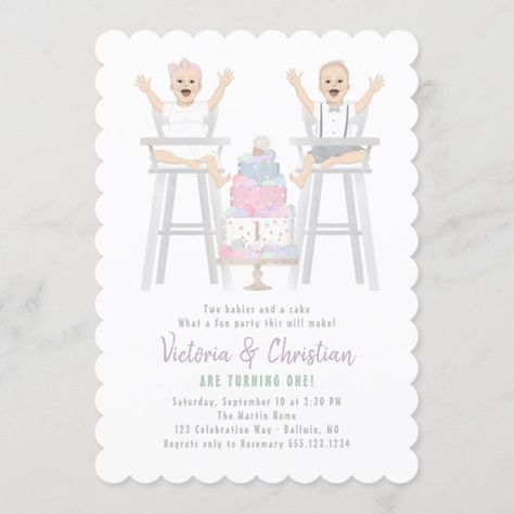 Twins First Birthday Smash Cake Invitation 1st Birthday Invitation Wording, First Birthday Invitation Cards, Birthday Invitation Message, Cake Invitation, First Birthday Smash Cake, 1st Birthday Invitation Template, Twins First Birthday, Twin Birthday Parties, First Birthday Invite