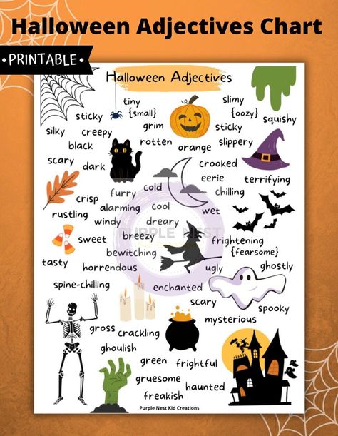 "Halloween Adjectives Chart A colourful reference sheet that includes adjectives related to the Halloween holiday - a great tool for writing exercises!  - 1-page digital download - laminate for durability **This is a DIGITAL DOWNLOAD. No physical product will be mailed to you.  You will receive a PDF file for printing on regular 8.5\"x11\" paper.  - - - - - - - NOTE: This printable is intended for personal use only. Not for resale. You may not copy, alter or share these digital files. Thank you! Halloween Adjectives, Monster Adjectives, Adjectives Chart, Language Arts Homeschool, Halloween School Activities, Halloween Felt Crafts, Prompts Journaling, Adjectives Activities, Adjective Words