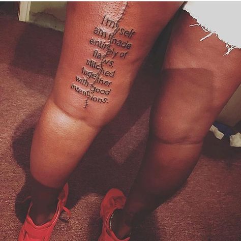 67.5k Likes, 1,060 Comments - INK | ARTISTS | MODELS (@inkgrams) on Instagram: “Yay or nay?😇 DM for credits!” Leg Quote Tattoo, Thigh Tattoo Quotes, Side Thigh Tattoos, Saved Tattoo, Black Girls With Tattoos, Tattoo Quotes For Women, Stylist Tattoos, Thigh Tattoos Women, Girly Tattoos