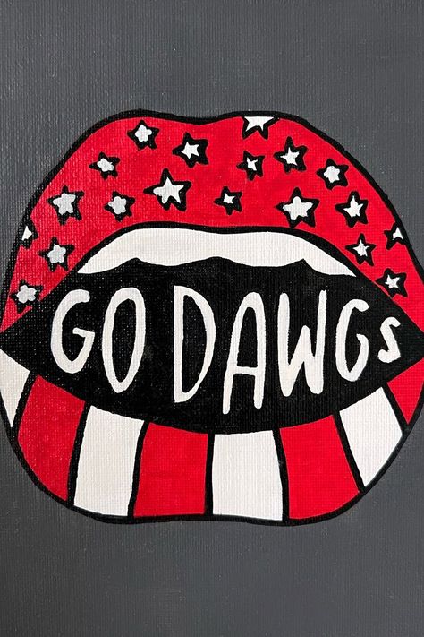 Cutest hand-painted canvas to decorate your college dorm or apartment at the University of Georgia! #art #college #collegeapartment #apartment #apartmentdecor #decor #trendydecor #sorority #uga #bulldogs #dawgs #dorm #dormdecor #preppy #preppypaintings #ugaart #ugagameday Uga Painting, Mouth Painting, Georgia Art, Lips Painting, Uga Bulldogs, Roommate Gifts, Circle Painting, College Apartment Decor, Go Dawgs