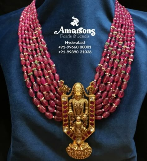 Balaji Pendant, Ruby Mala, Amarsons Jewellery, Beads Haram, Ruby Necklace Designs, Ruby Jewelry Necklaces, Beautiful Diamond Earrings, Temple Jewelry Necklace, Indian Wedding Jewelry Sets