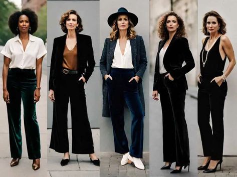 Velvet is ever so chic and classy. Getting a pair of velvet pants allows you to either dress up or dress down. Velvet is a fabric mostly preferred during fall Velvet Jeans Outfit, Black Velvet Pants Outfit, Velvet Trousers Outfit, Velvet Pants Outfit, Edgy Boots, Black Velvet Pants, Trouser Outfit, Velvet Jeans, Suede Pants