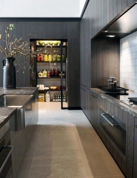 Top 70 Best Kitchen Pantry Ideas - Organized Storage Designs Modern Kitchen Pantry, Modern Pantry, Kitchen Pantry Cabinets, Contemporary Kitchen Design, Modern Kitchen Cabinets, Kitchen Trends, Black Cabinets, Modern Farmhouse Kitchens, Trendy Kitchen