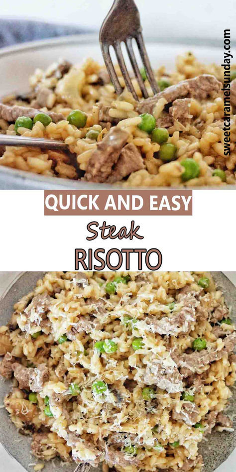 Fork being pushed into risotto in grey bowl. There is text written between 2 images. Beef Steak And Rice Recipes, Risotto Recipes Beef, Steak And Mushroom Risotto, Leftover Beef Tenderloin Recipes Meals, Steak And Risotto Recipes, Steak Risotto Recipes, Steak And Risotto, Steak Risotto, Beef Risotto