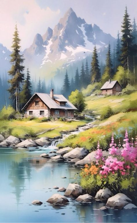 Cottage Scenery Painting, Landscapes To Paint Acrylics, Mountain Landscape Photography, Beach Art Painting, Scenery Paintings, Soyut Sanat Tabloları, Landscape Paintings Acrylic, Cottage Art, Pola Sulam