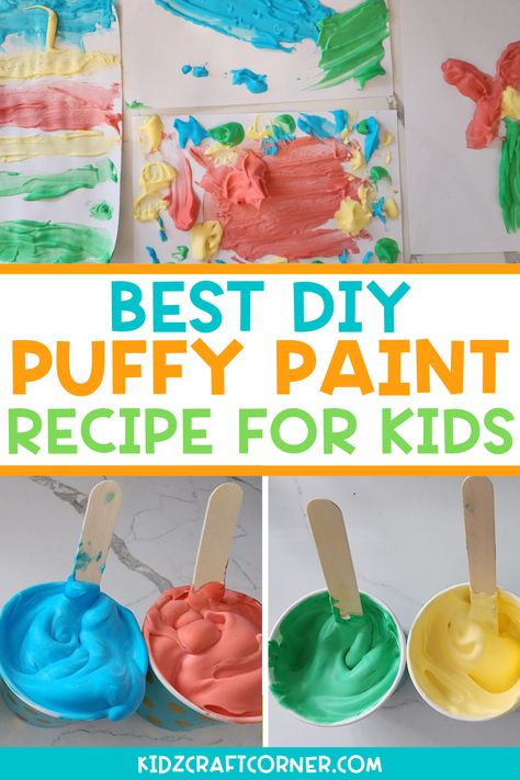 This puffy paint recipe is perfect for kids! They will love watching the shaving cream foam up and transform into colorful paint. Plus, it's so easy to make - all you need is a few simple ingredients. Let your little ones get creative and have fun with this fun painting activity! Paint With Shaving Cream, Make Puffy Paint, Glue And Food Coloring, Puffy Paint Crafts, Puffy Paint Recipe, Shaving Cream Art, Diy Puffy Paint, Shaving Cream Painting, Paint For Kids