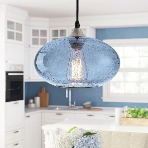 Farmhouse 1-Light Blue Bubble Glass Design Brushed Nickel Pendant - On Sale - Bed Bath & Beyond - 37311040 Coastal Pendant, Coastal Pendant Lighting, Condo Living Room, Verre Design, Farmhouse Pendant Lighting, Kitchen Island Pendants, Luminaire Design, Glass Kitchen, Kitchen Island Lighting