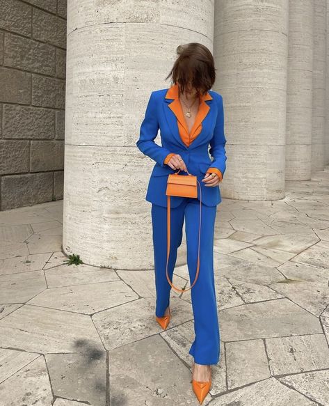 Blue Orange Outfit Street Styles, Orange And Royal Blue Outfits, Bright Blue Skirt Outfit, Orange And Blue Clothes, Royal Blue Monochromatic Outfit, Blue And Orange Outfit Aesthetic, Navy And Orange Outfit, Orange And Blue Outfits For Women, Navy Blue And Orange Outfit