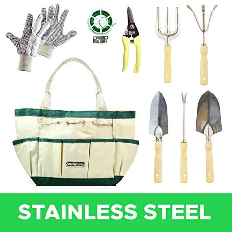 9 Piece Stainless Steel Garden Tool Set includes Lightweight 5 Stainless Steel Tools Gloves Pruner Plant Twist Tie and Storage Bag -- BEST VALUE BUY on Amazon Gardening Tool Kit, Kettle And Toaster Set, Kneeling Pad, Landscaping Tools, Canvas Storage, Garden Tool Set, Gardening Apron, Garden Tool, Garden Hand Tools