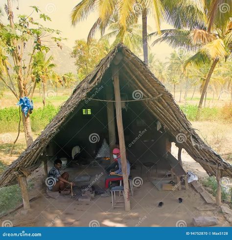 India, Kanakapura - February 14, 2016: Indian life. Primitive village smithy in palm tree grove and blacksmiths with tools Village Blacksmith, Tree Grove, About India, Abstract Animal Art, Blacksmith Tools, Water Carrier, Rural Life, Village Life, Abstract Animals