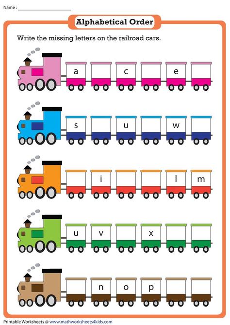 Pose a challenge to kindergarteners with this engaging missing letter worksheet featuring railroad cars with a few empty cars. Fill them with the consecutive letters to complete this alphabetical order worksheet. Download the PDF file and try the interactive worksheet at the link above! #alphabet #alphabetworksheets #alphabetactivities #worksheet #kindergartenworksheets #preschoolworksheets Alphabet Order Worksheets, Missing Letters Worksheet, Alphabetical Order Worksheets, Tutoring Flyer, Alphabet Activities Kindergarten, Kindergarten Math Worksheets Free, Missing Letters, Abc Worksheets, English Worksheets For Kindergarten