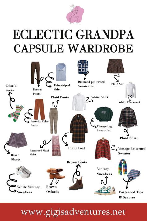 Eclectic Grandpa seems to be the newest and hottest fashion trend of 2024, but it can be kind of chaotic to navigate. Here's where this article is going to help you!  These are the key items you should look for whenever creating your Eclectic Grandpa outfits, and how to pair them best.  Click on the pin to discover more about this trend! Indie Capsule Wardrobe, Electric Grandpa Outfit, Eclectic Grandpa Outfits, Grandpa Style Aesthetic, Electic Grandfather Style, Eclectic Grandpa Outfit, Eclectic Grandpa Summer Outfit, Eclectic Grandpa Aesthetic, Grandpa Outfit Aesthetic