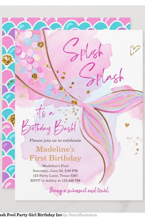 Mermaid Splish Splash Pool Party Girl Birthday Inv Invitation Little Mermaid Pool Party, Dive Into 5 Birthday Party Girl, Dive Into 5 Mermaid Party, Mermaid Bday Invitations, Dive Into Five Mermaid Birthday, Swim Party Invitations, Mermaid Pool Party Invitations, Mermaid Birthday Party Invitations, Mermaid Pool Parties