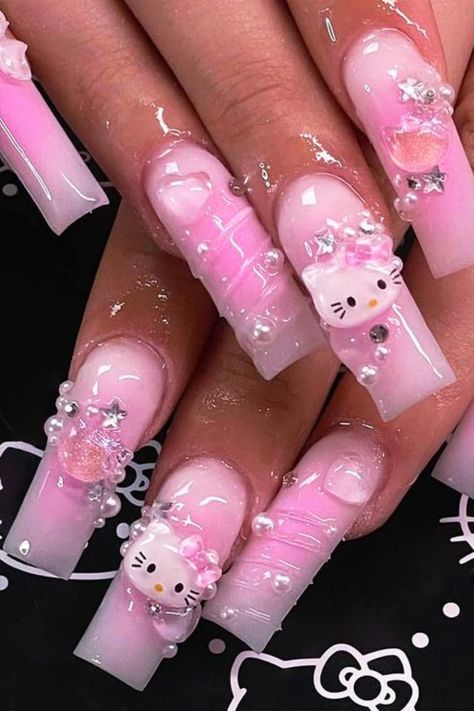 Acrylic Nail Supplies, Nail Stickers Decals, Coffin Press On Nails, Hello Kitty Nails, Cat Nails, Gem Nails, Easter Nails, Pink Acrylic Nails, Stick On Nails