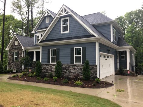 Dark Blue Grey Siding House, Blue House Shutters Colors, Dark Blue House With Black Shutters, Blue Grey White House Exterior, Blue Siding With White Trim, Gray House Blue Trim, Grey House Blue Trim, Grey House Navy Shutters, Blue Gray Stucco House Exterior