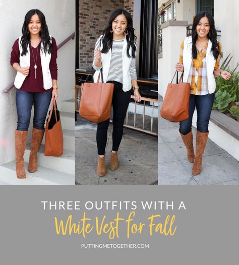 3 Outfits with a White Vest for Fall White Puffer Vest Outfits For Women, White Vest Outfits For Women, Vest Outfits For Women Winter, White Puffer Vest Outfit, Quilted Vest Outfit, White Vest Outfit, Fall Vest Outfits, Vest Outfit Women, White Denim Vest