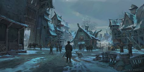 Snowed Inn, Jeremy Fenske on ArtStation at https://www.artstation.com/artwork/e0zYoP Arte Viking, Art Viking, Icewind Dale, Viking Village, Fantasy Locations, Fantasy Town, Landscape Concept, Fantasy City, Fantasy Setting