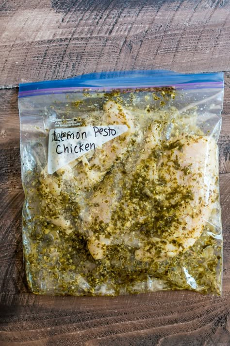 Slow Cooker Lemon Pesto Chicken {Freezer Meal Friendly} Pesto Chicken Freezer Meal, Potato Freezer Meals, Slow Cooker Pesto Chicken, Freezer Dump Meals, Freezer Meal Ideas, Freeze Meals, Lemon Pesto Chicken, Freezer Prep, Chicken Freezer