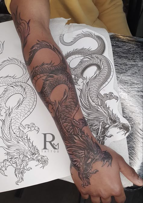 Dragon black work 2023 Dragon Tattoo Half Sleeve Men, Mens Dragon Sleeve Tattoo, Dragon Bicep Tattoo, Shoulder Dragon Tattoo, Dragon Tattoo Wrapped Around Arm Men, Black Work Dragon Tattoo, Whole Arm Dragon Tattoo, Medieval Dragon Tattoo, Dragon Arm Tattoo