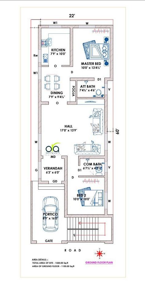 20x60 West Facing House Plans, 22x60 House Plan, Small House Design Floor Plan, Smart House Plans, 30x50 House Plans, South Facing House, House Plan Design, Budget House Plans, West Facing House