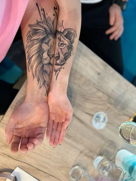 Lion Tattoo Couple Matching, Husband Wife Lion Tattoos, Tattoos For Him And Her Couples, Matching Tattoos Lion And Lioness, Lion Tattoo For Couples, Tiger Couple Tattoo, Lion Tattoo Couple, Lion Lioness Tattoo Couple, Matching Lion Tattoos Couples