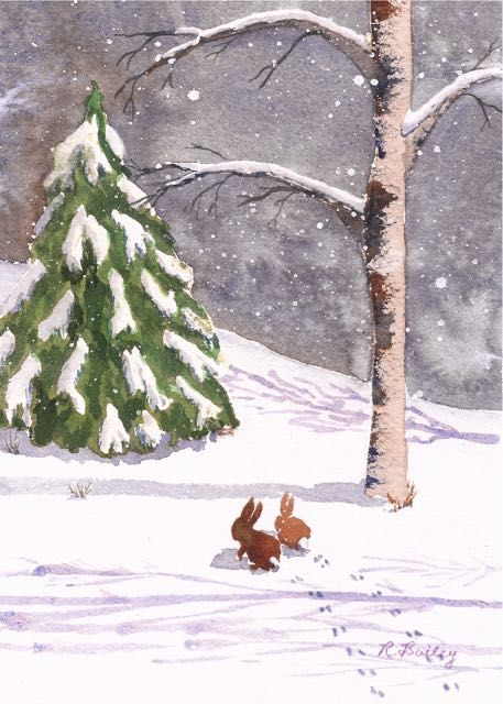 Bunny In Snow Painting, Snow Bunny Painting, Animals In Snow Painting, Winter Bunny Wallpaper, Winter Background Drawing, Winter Animals Drawing, Cute Winter Drawings, Perfume Moodboard, Winter Wonderland Painting