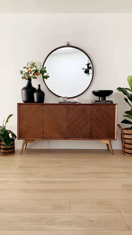 Entryway Console decor! This mid century modern console is amazon quality. It was delivered almost fully assembled (minus the legs) that were really easy to put on! #homesweetjones #meandmrjones #LTKunder50 #LTKhome #LTKunder100 Sideboard For Entryway, Styling Sideboard Living Rooms, Long Credenza Living Room, Side Board Decor Ideas, Side Board Decor, Modern Entryway Design, Entryway Sideboard, Mirror Sideboard, Sideboard Ideas