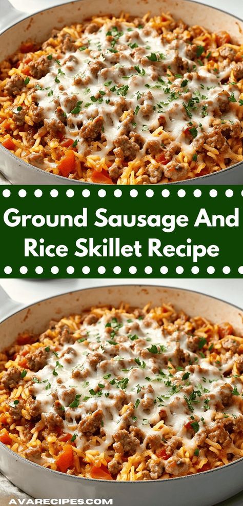 Craving a hearty dish? This Ground Sausage and Rice Skillet Recipe combines savory sausage with fluffy rice for a flavor explosion. Perfect for busy nights, it's a quick and delicious option for your dinner ideas. Easy Dinner With Ground Sausage, Ground Sausage And Rice, Pork Sausage Recipes Dinner, Recipe Using Ground Pork, Ground Pork Sausage Recipes, Sausage And Rice Skillet, Sausage Jambalaya Recipe, Quick Beef Recipes, Ground Sausage Recipes