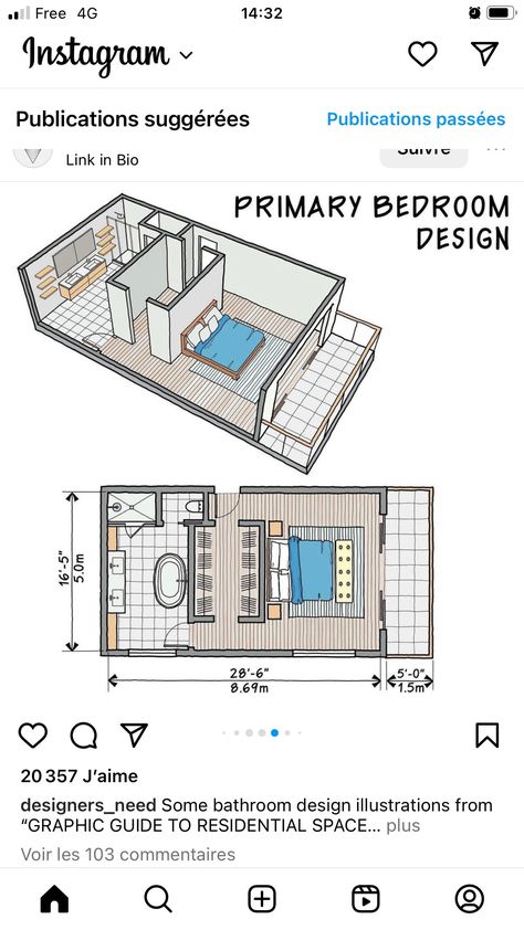 Discover templates, ebooks and more architecture resources. → Scrool down the page to see our free products! Small Space Master Bed, Master Bed And Bath Layout, Ensuite Layout, Master Suite Floor Plan, Bedroom Plan, Villain Outfits, Hotel Room Design, Apartment Floor Plans, House Layout Plans