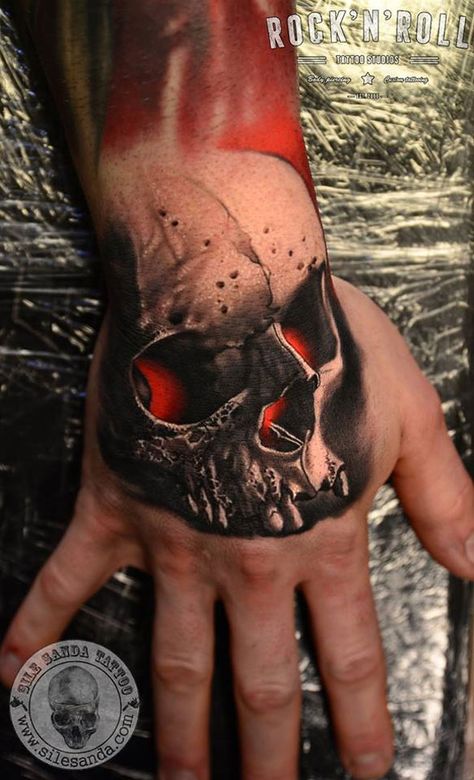 Red glowing skull hand tattoo done by Sile Sanda. Glowing Skull, Hand Skull, Tatoo 3d, Skull Hand Tattoo, Skull Sleeve, Knuckle Tattoos, Sick Tattoo, Best Tattoo Ideas, Weird Tattoos