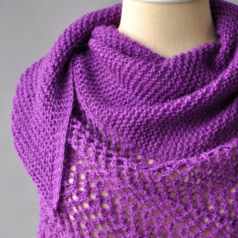 Detail closeup of purple shawl crafted in Universal Yarn Finn Knit Shawlette Pattern Free, Knitted Wraps Free Patterns, Knitted Shawls Free Patterns Easy, Knit Shawls And Wraps Patterns Free, Sock Yarn Shawls, Comfort Shawl, Free Knit Shawl Patterns, Shawl Scarf Pattern, Shawlette Pattern