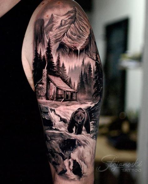 Bear in fantasy world Cabin Tattoo Sleeve, Bear Upper Arm Tattoo, Bear And Forest Tattoo, Bear In Forest Tattoo, Bear And Moose Tattoo, Outdoor Sleeve Tattoo Men, Bear Sleeve Tattoo Men, Bear Nature Tattoo, Half Sleeve Tattoos For Men Upper Arm Design