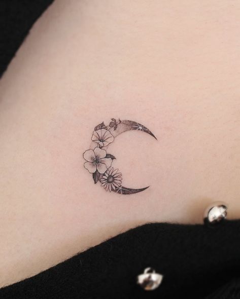 moon flower tattoo scandinavian minimalist Floral Crescent Moon Tattoo, Crescent Moon Tattoo Ideas, Tattoos Celestial, Crescent Moon Tattoos, Floral Crescent Moon, Moon Tattoo Ideas, Sun And Moon Tattoo, Cycles Of Life, Celestial Elements