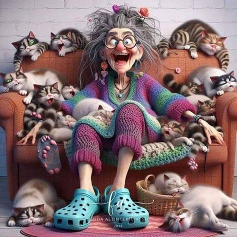 Crazy Cat Lady Humor, Unusual Faces, Cute Good Morning Pictures, Old Cat Lady, Old Lady Cartoon, Lady Cartoon, Cat Lady Humor, Cat Poems, Cartoon Grandma