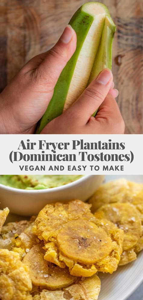 Plantain Fries Air Fryer, Whole30 Air Fryer, Plantain Chips Air Fryer, Tostones Recipe Air Fryer, Vegan Colombian Recipes, Air Fry Plantains, Air Fryer Plantains Sweet, Airfryer Plantain, Plantain In Air Fryer