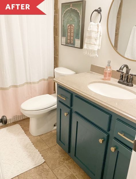 DIY $250 Bathroom Refresh Painted Blue Vanity | Apartment Therapy Teal Bathroom Ideas, Green Bathroom Vanity, Painted Vanity Bathroom, Turquoise Bathroom, Painting Bathroom Cabinets, Blue Bathroom Vanity, Green Vanity, Teal Bathroom, Painted Vanity