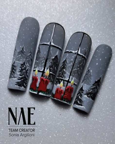 Christmas Nails Detailed, Winter Nails Nail Art, Winter Scene Nails, Polar Express Nails, Christmas Vacation Nails, Fancy Christmas Nails, Pre Christmas Nails, Christmas Theme Nails, Nails Design Winter